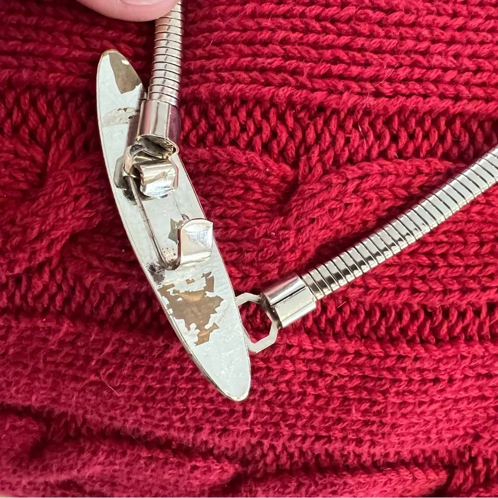 Vintage 70s Wool Blend Knit Shift Dress Sz 8 Burgundy Ivory Stretch Belt Silver - Picture 6 of 14